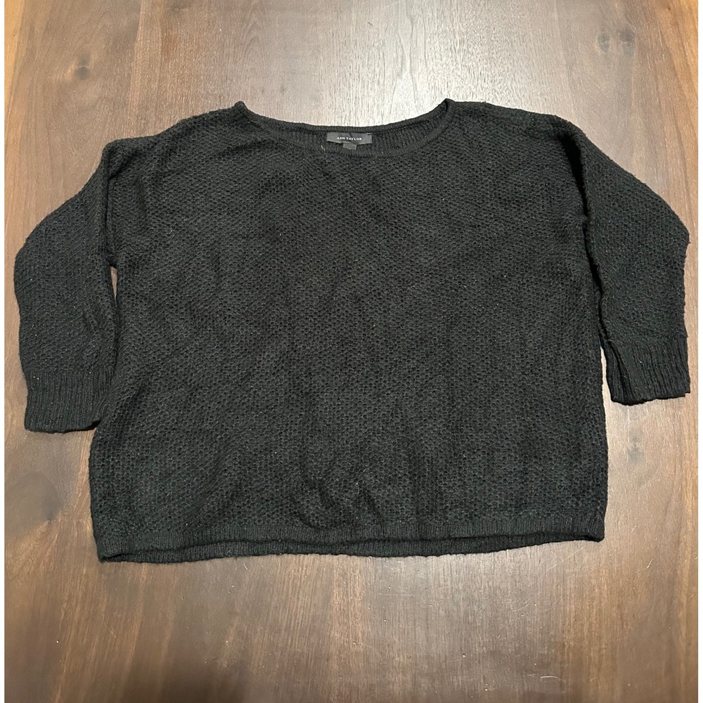 Ann Taylor Black Textured Wool Blend Boat Neck Sweater Small Drop Shoulder